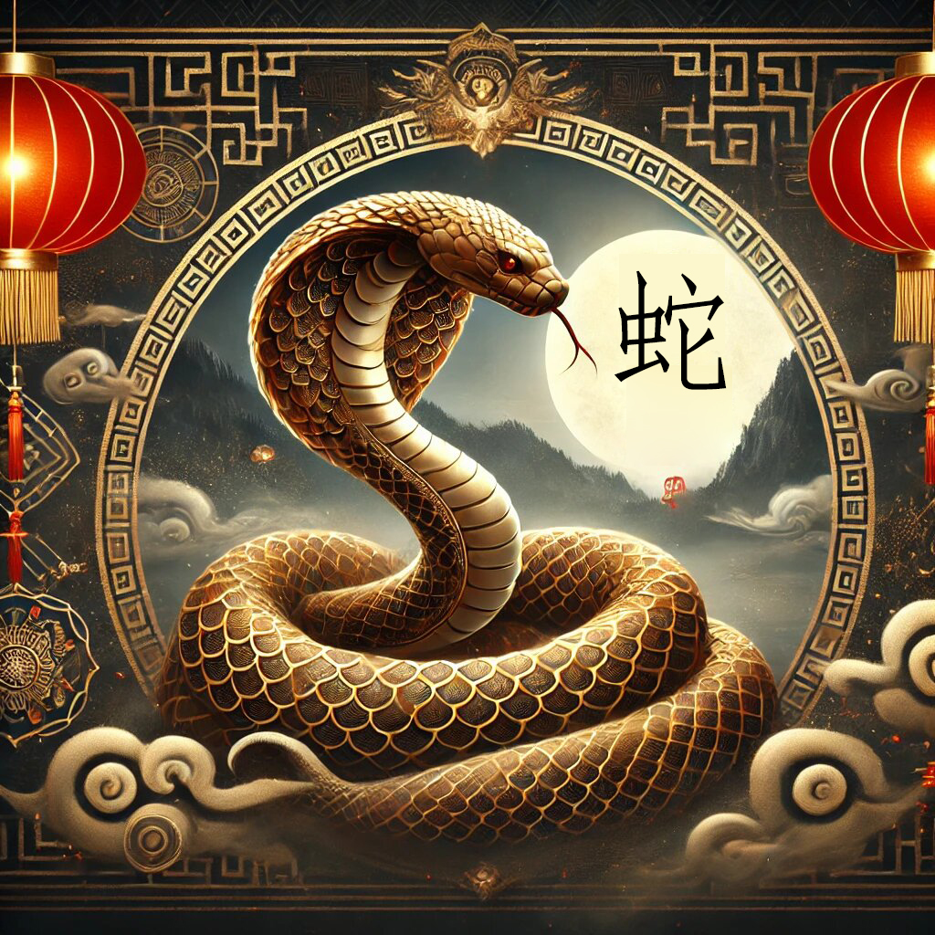 year of the snake 2025:Majestic Chinese Zodiac Snake with golden scales, coiled elegantly amid traditional red lanterns and ancient calligraphy, symbolizing wisdom and transformation in a misty mountain setting