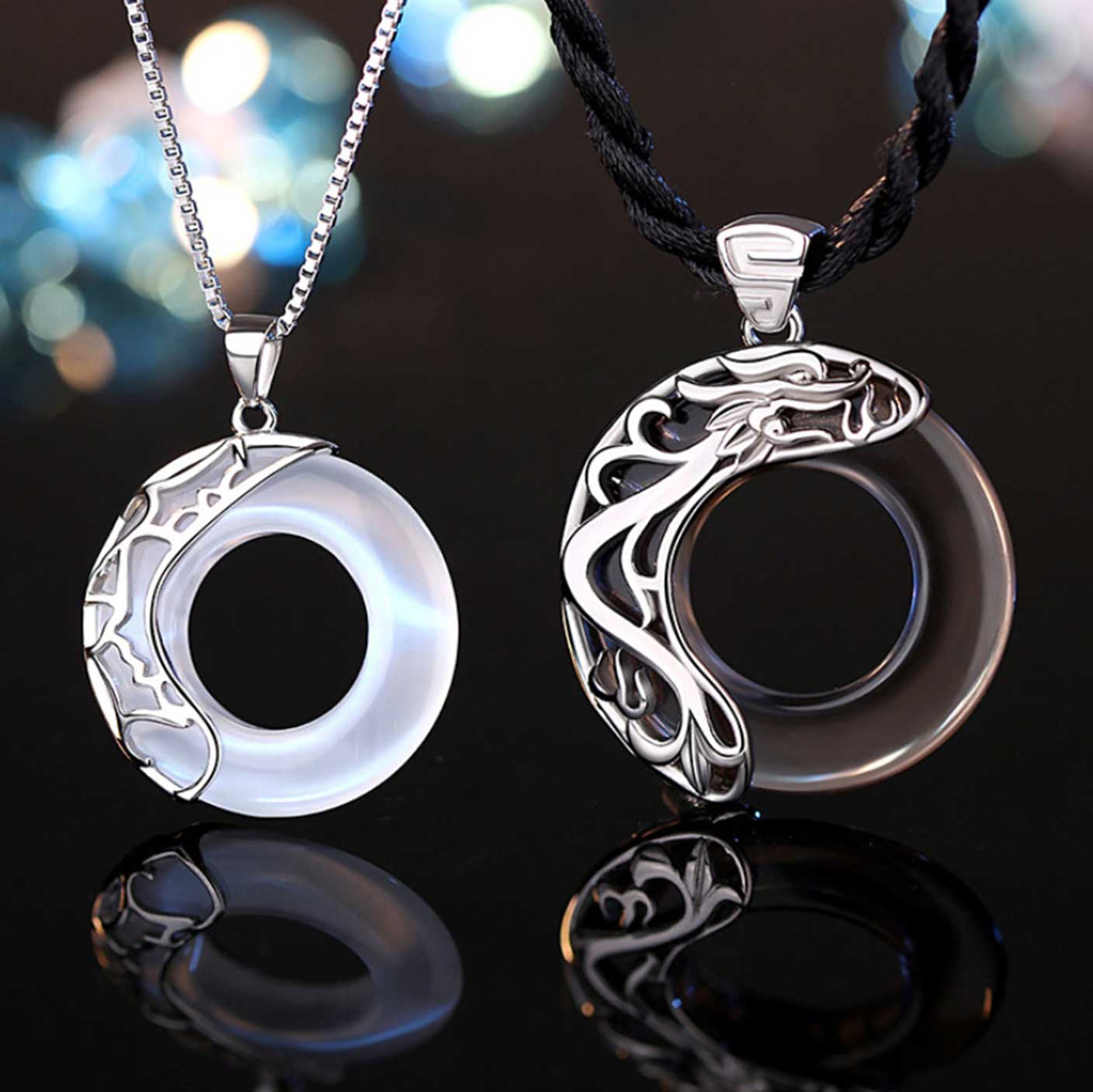 Front view of the male and female pendants