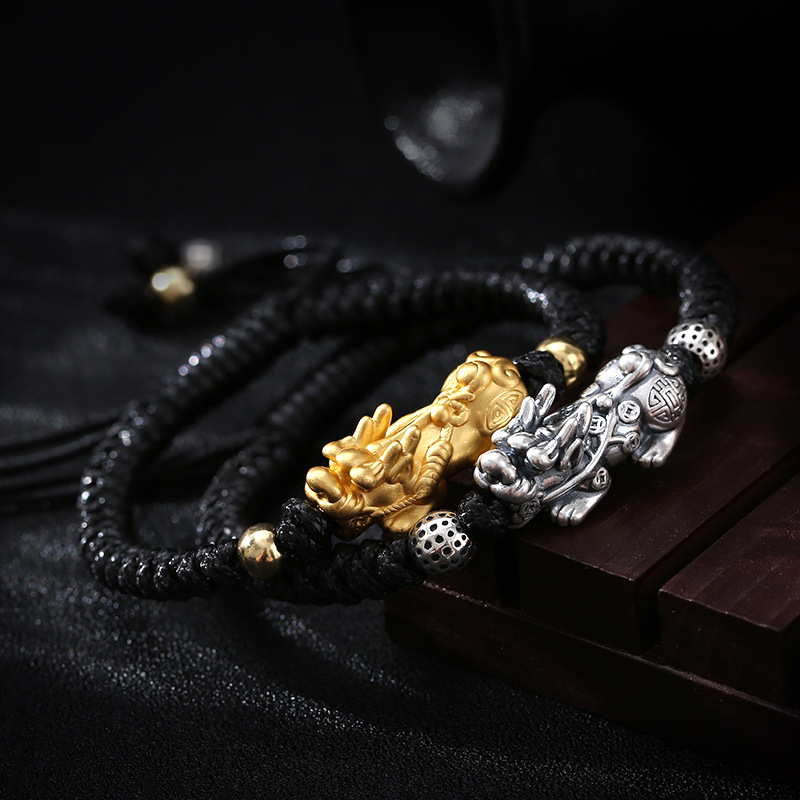 Stacked matte gold and vintage silver Pixiu bracelets