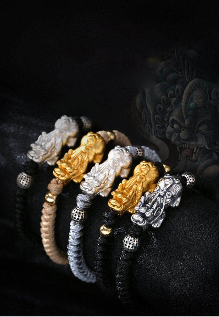 Group photo of five Pixiu bracelets in different finishes