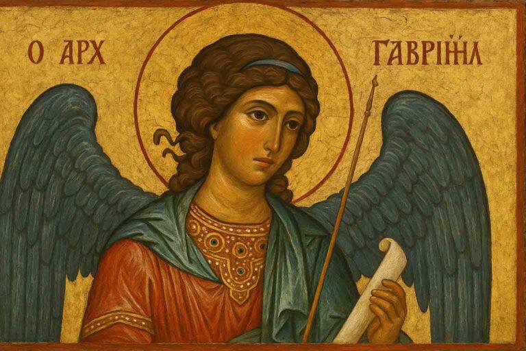 Classical oil painting of Archangel Gabriel, depicting a serene and majestic divine figure.