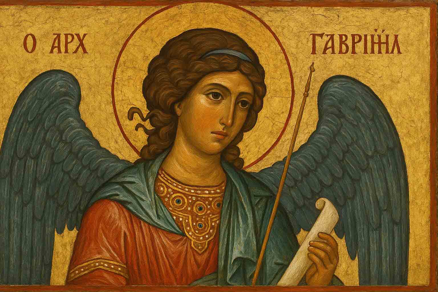 Classical oil painting of Archangel Gabriel, depicting a serene and majestic divine figure.