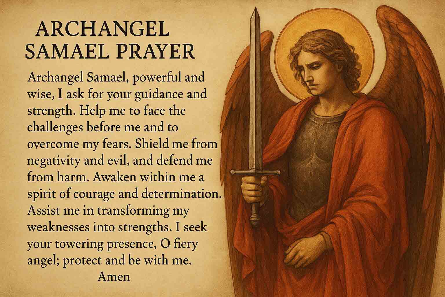 Archangel Samael hold sword with prayer background