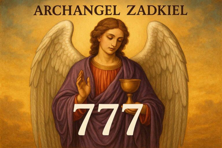 Archangel Zadkiel holding a Holy Grail, illuminated by divine light with angel number 777.