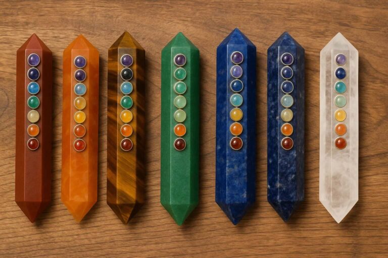 A variety of crystal chakra wands arranged on a wooden surface, each representing different chakras with vibrant colors.