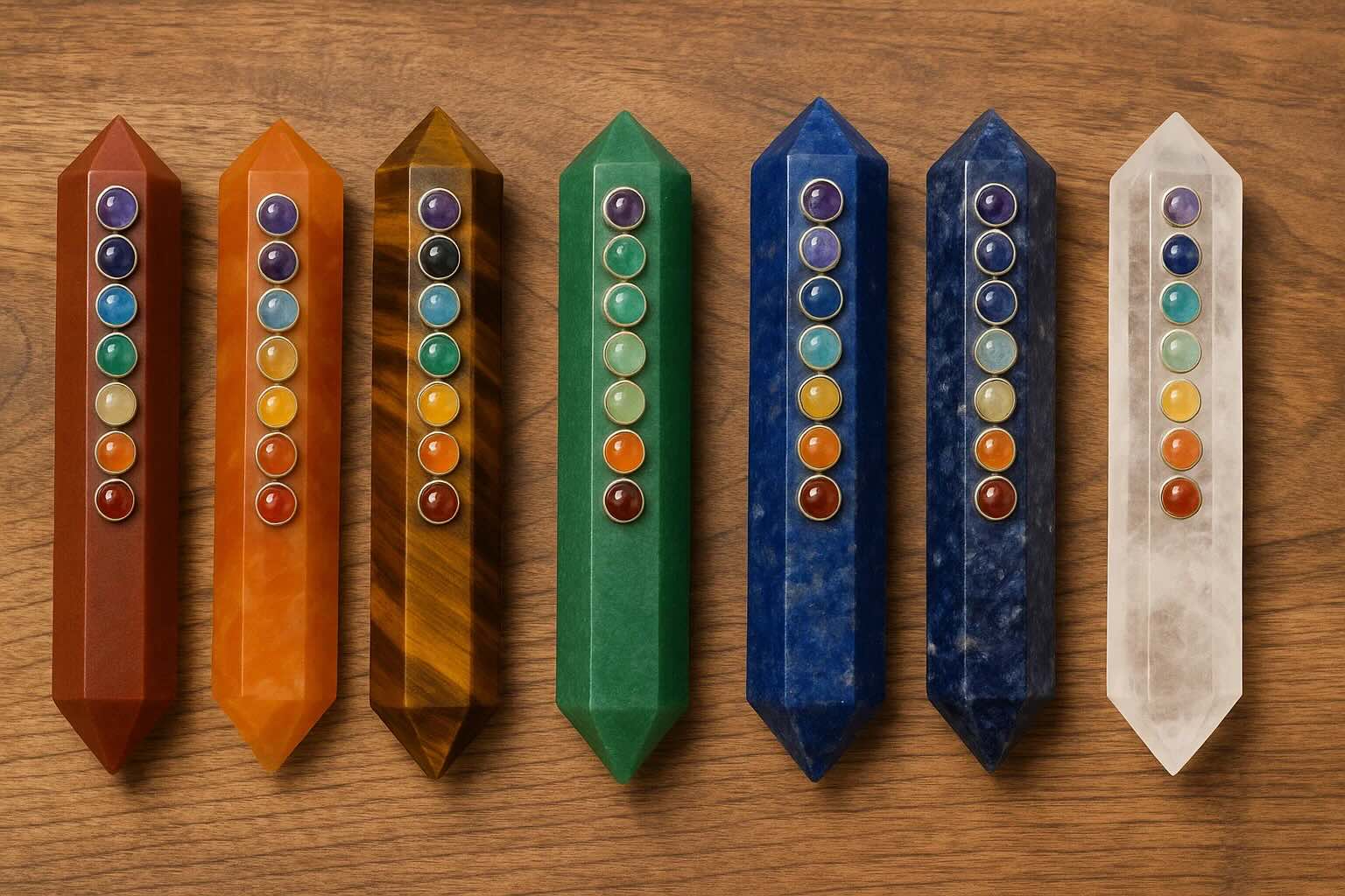 A variety of crystal chakra wands arranged on a wooden surface, each representing different chakras with vibrant colors.