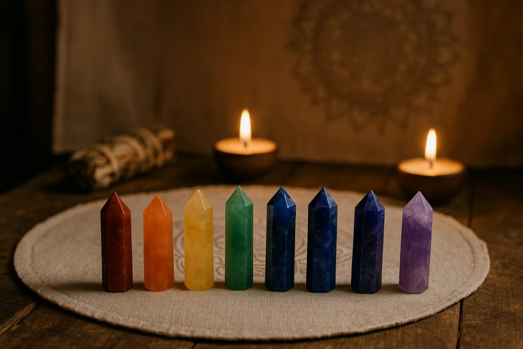 Crystal wands arranged for upcoming chakra alignment ritual, suggesting preparation for the ceremony.