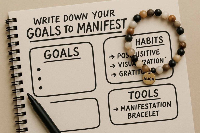 A manifestation journal with a written goal-setting process, featuring a manifestation bracelet placed on top as a symbolic tool.