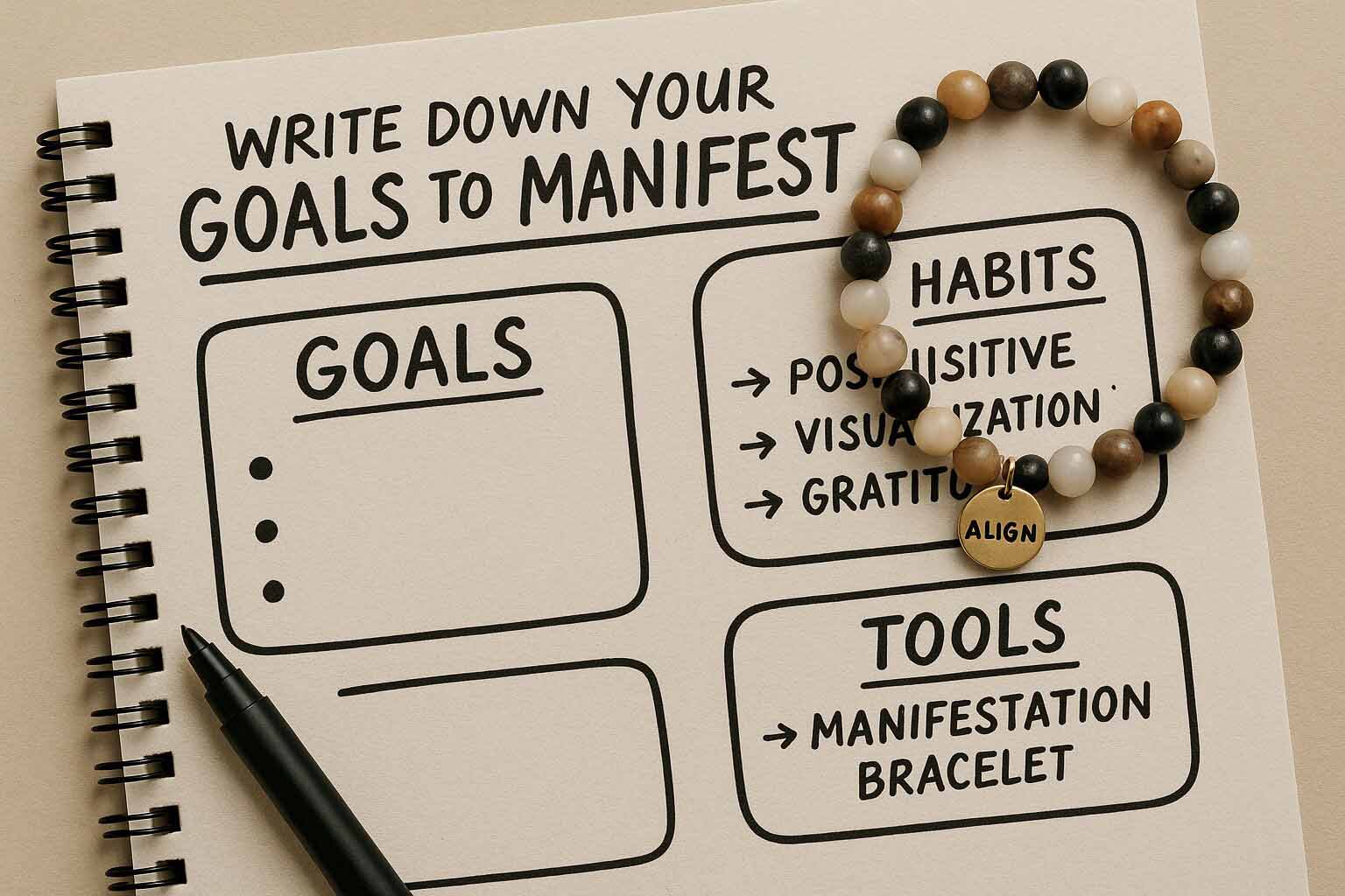 A manifestation journal with a written goal-setting process, featuring a manifestation bracelet placed on top as a symbolic tool.