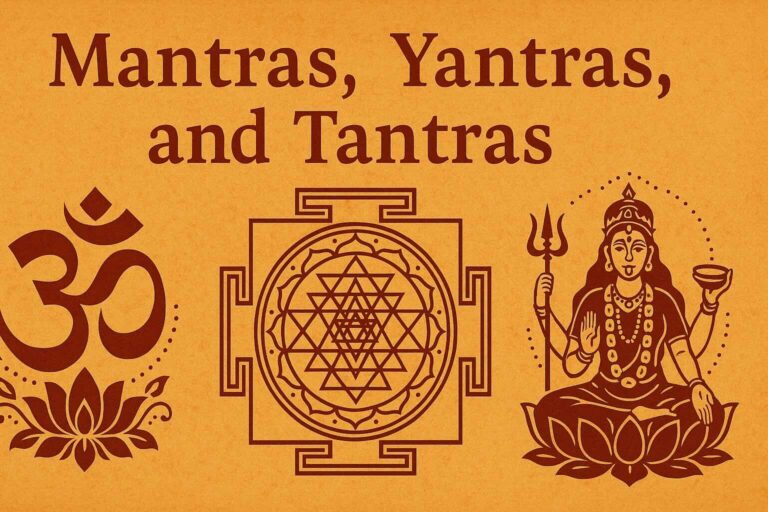 Illustration of Mantras, Yantras, and Tantras—depicting sacred Sanskrit chants, geometric energy diagrams, and esoteric rituals representing spiritual practices in Hindu and Buddhist traditions.