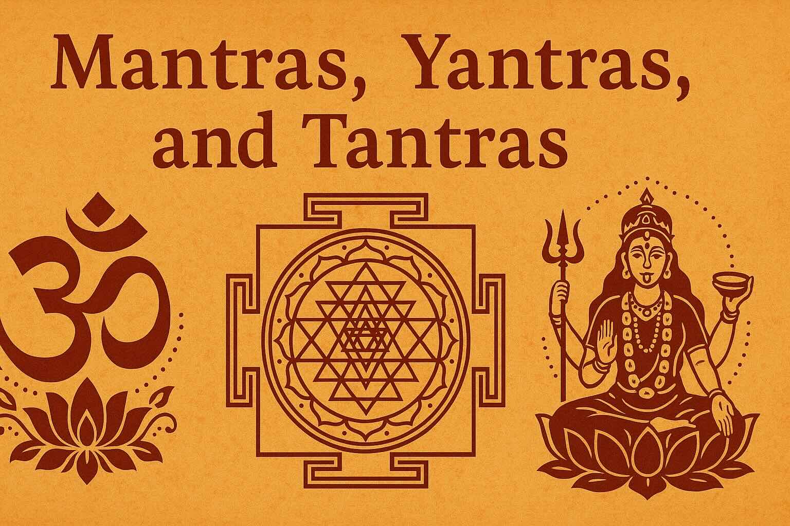 Illustration of Mantras, Yantras, and Tantras—depicting sacred Sanskrit chants, geometric energy diagrams, and esoteric rituals representing spiritual practices in Hindu and Buddhist traditions.