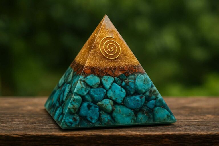 Orgonite Pyramid made of turquoise and gold sand placed on a wooden table with a green background.