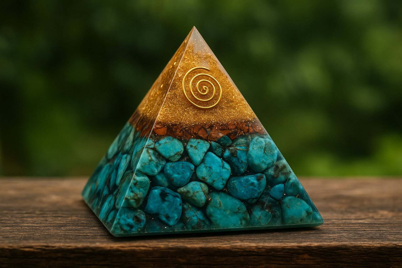 Orgonite Pyramid made of turquoise and gold sand placed on a wooden table with a green background.