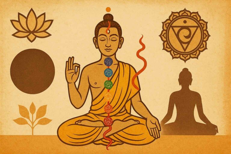 Symbols of Mudra, Bindu, Kundalini, Chakra, and Sadhana representing spiritual practices and energy flow.