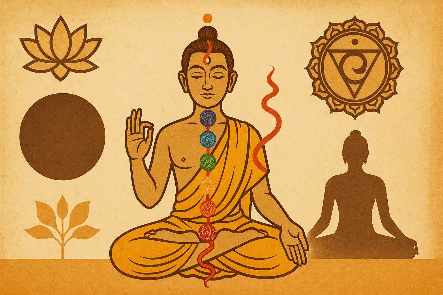 Symbols of Mudra, Bindu, Kundalini, Chakra, and Sadhana representing spiritual practices and energy flow.