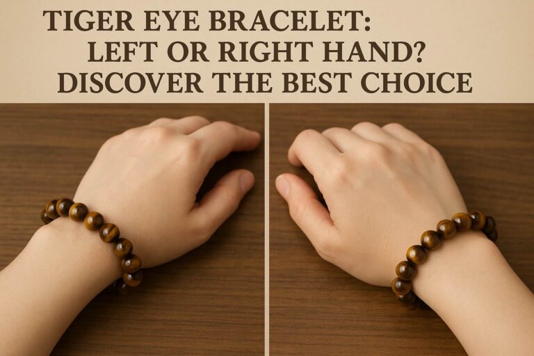 Comparison of Tiger Eye bracelet worn on left hand and right hand, showing the differences in energy flow and symbolic meanings for each wrist.