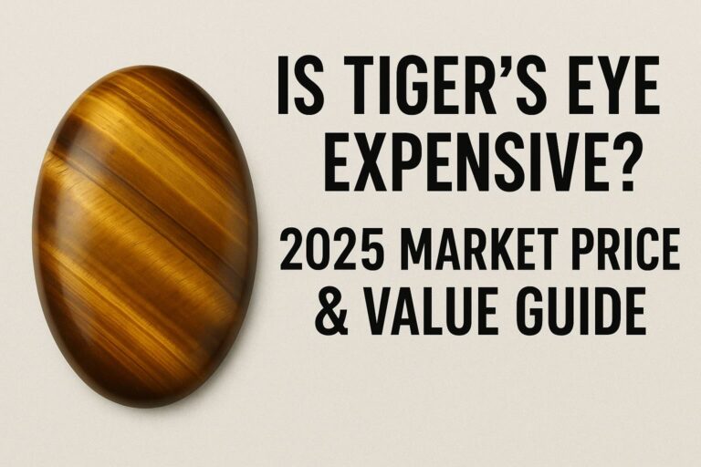 Oval-shaped Tiger’s Eye gemstone on the left with the text “Is Tiger’s Eye Expensive? 2025 Market Prices & Value Guide” on the right