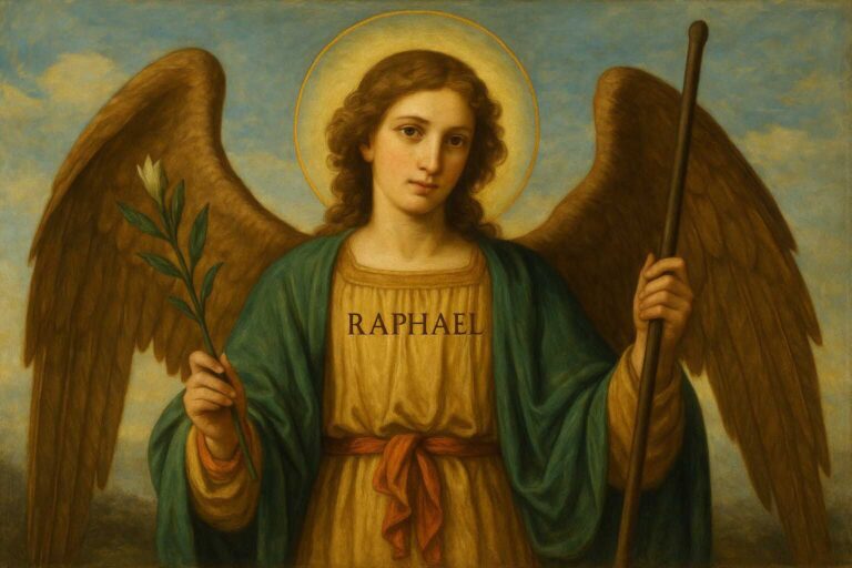 glowing portrait of Archangel Raphael, symbolizing divine healing and spiritual guidance