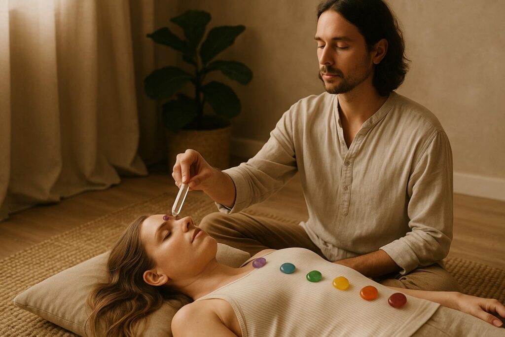 A person performing a Crystal Wand Chakra Alignment ritual on another, depicting an energy healing session.