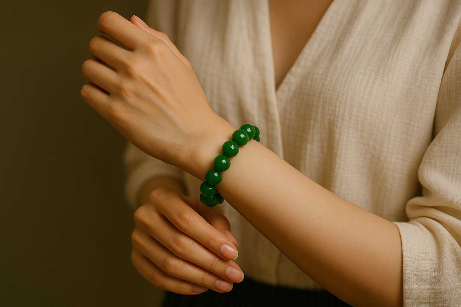 Model wearing the green jade bracelet