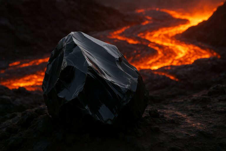 A piece of obsidian freshly mined from volcanic lava, displaying its glossy black surface against the fiery backdrop of molten rock.