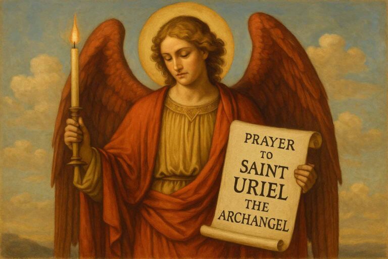 Archangel Uriel holding a scroll with the words "Prayer to Saint Uriel the Archangel" written on it, symbolizing divine wisdom and spiritual guidance.