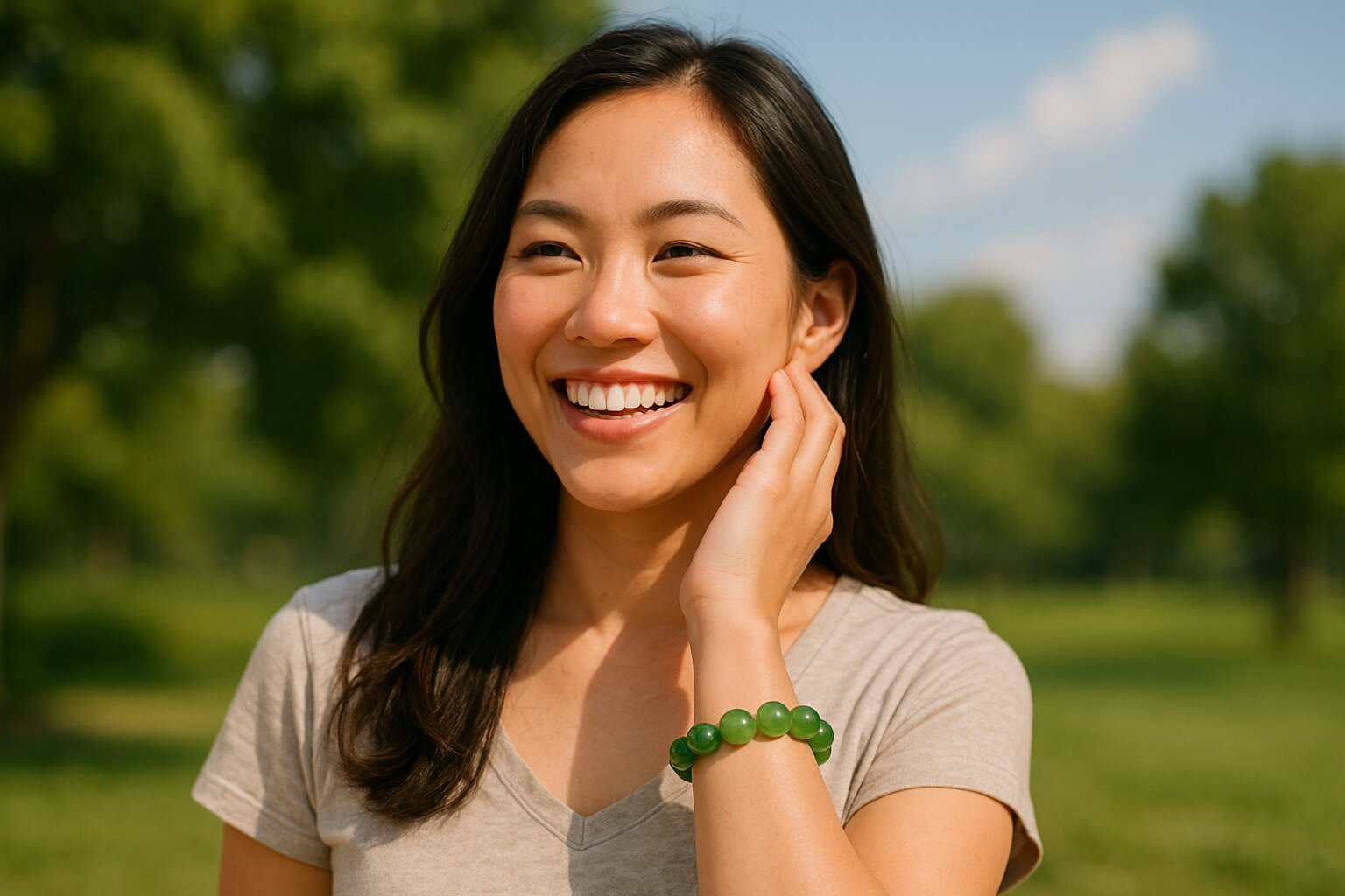 A girl wearing a jade bracelet and a radiant smile.