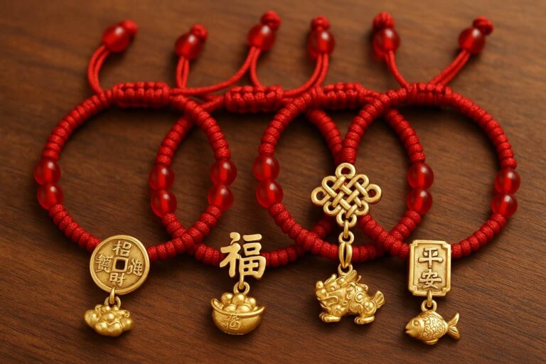 Chinese Lucky Charms Bracelets symbolizing wealth, blessings, peace, and traditional Chinese knot designs.