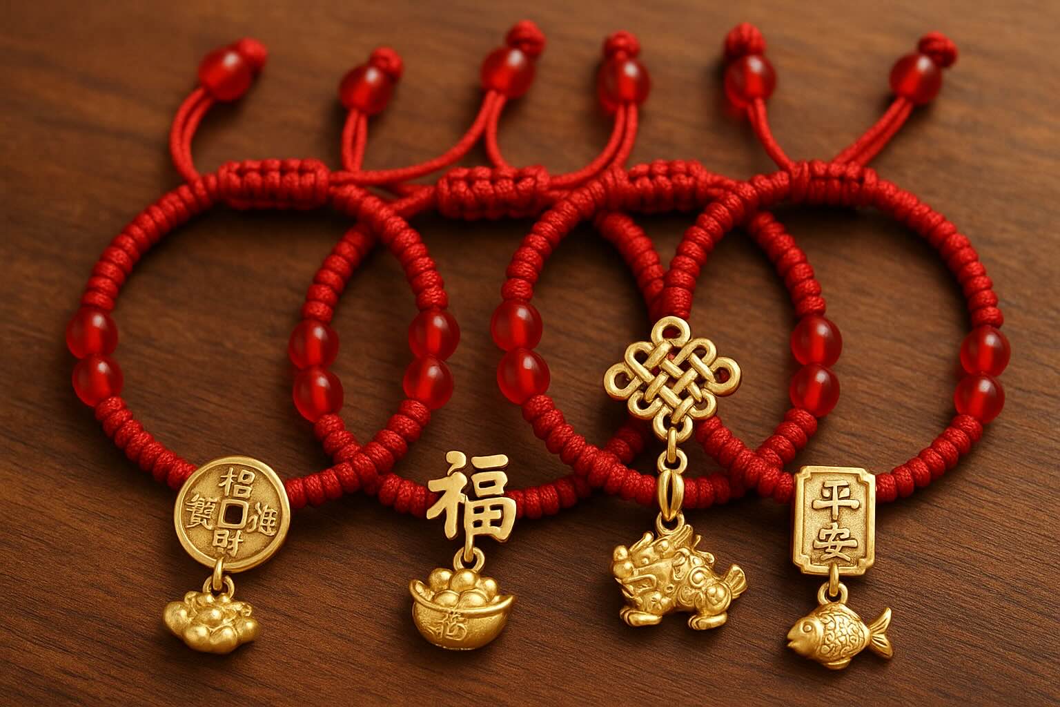 Chinese Lucky Charms Bracelets symbolizing wealth, blessings, peace, and traditional Chinese knot designs.