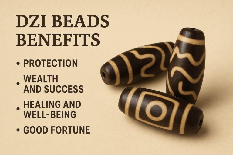 Three Dzi beads with symbolic patterns representing protection, healing, and spiritual power