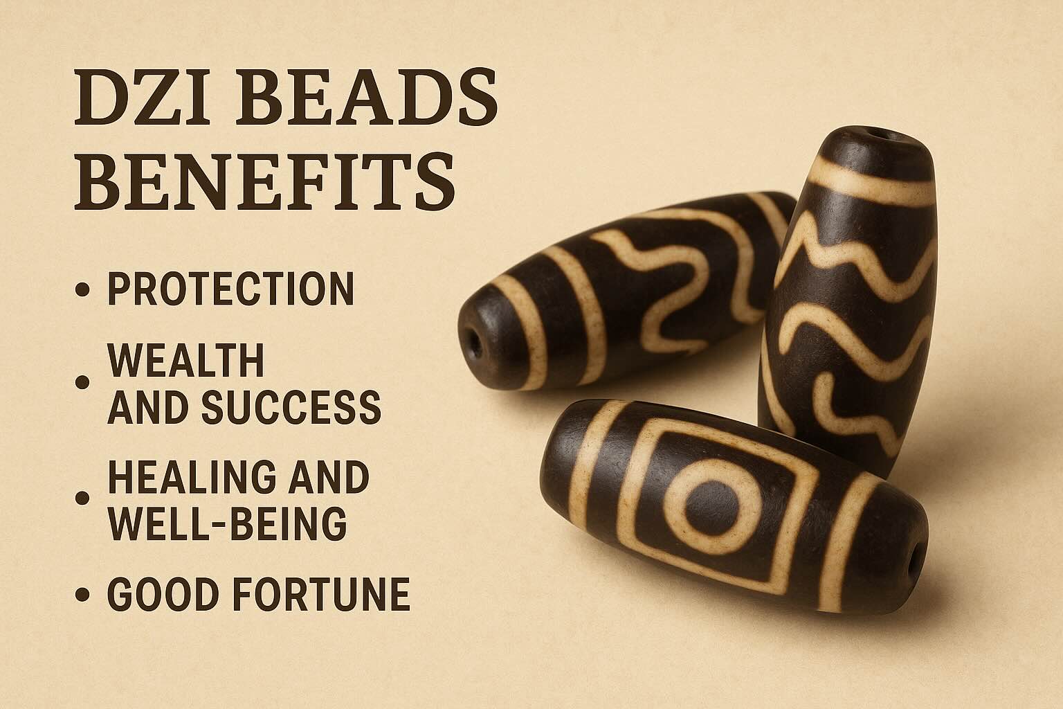 Three Dzi beads with symbolic patterns representing protection, healing, and spiritual power