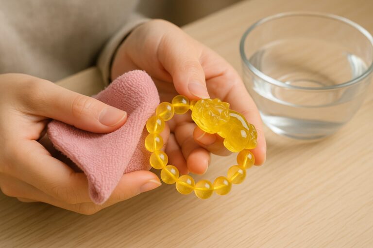 A woman gently cleaning a yellow clear quartz Pixiu bracelet with soft cloth and water, illustrating how to clean quartz crystal.
