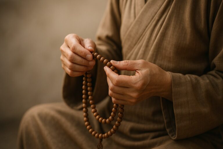 A Buddhist demonstrating how to use mala beads.