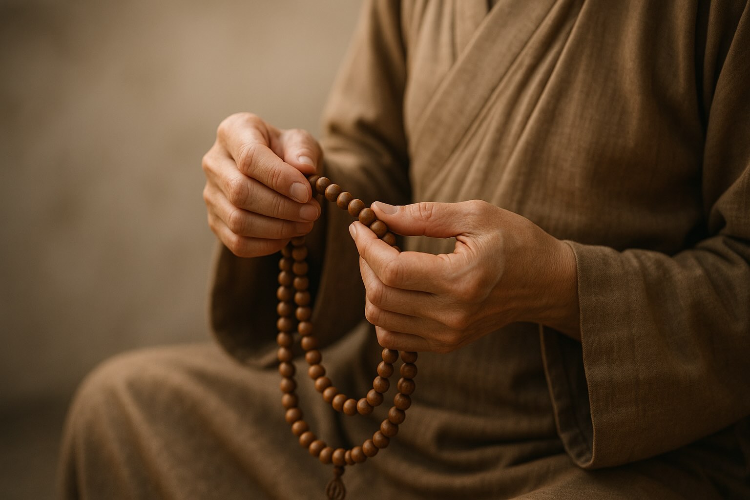A Buddhist demonstrating how to use mala beads.