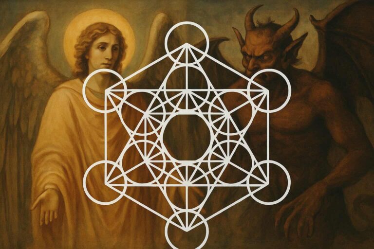 A symbolic image exploring the question "Is Metatron's Cube Evil", featuring Metatron's Cube in the foreground, with the Archangel Metatron on one side and a demonic figure on the other, representing the contrast between divine and dark interpretations.
