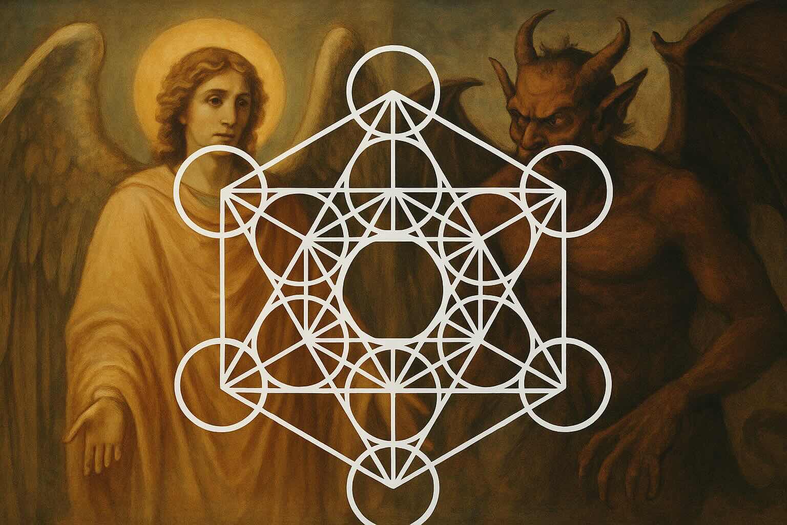 A symbolic image exploring the question "Is Metatron's Cube Evil", featuring Metatron's Cube in the foreground, with the Archangel Metatron on one side and a demonic figure on the other, representing the contrast between divine and dark interpretations.