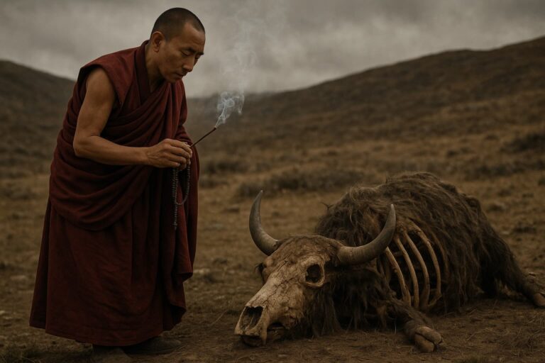 A Tibetan monk in traditional robes performs a sacred ritual to bless and honor a deceased Himalayan yak before collecting its bones. The solemn ceremony, set against rugged Himalayan mountains, highlights the spiritual connection between Buddhist practices and the sustainable use of Himalayan yak bones.