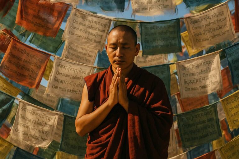 A monk praying in front of prayer flags, representing the meaning of Om Mani Padme Hum Significato in Tibetan Buddhism.