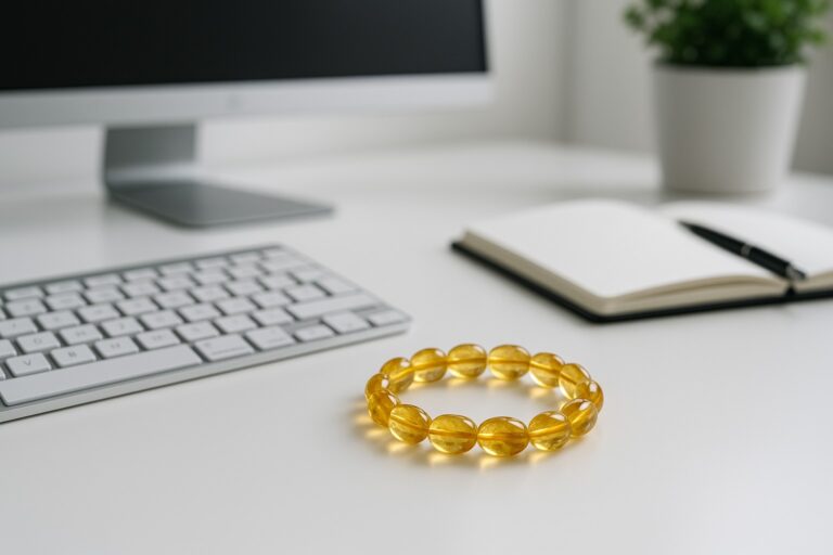 A neat, modern office desk with a citrine crystal bracelet, representing the theme ‘Who should not wear citrine stone.’