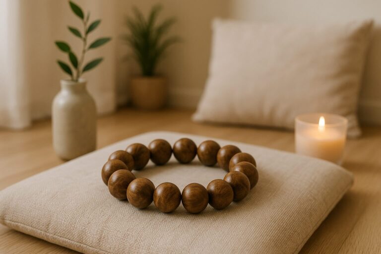 Image illustrating agarwood bracelet benefits: a natural agarwood bracelet placed in a calming meditation space, promoting relaxation, mental clarity, and emotional balance.