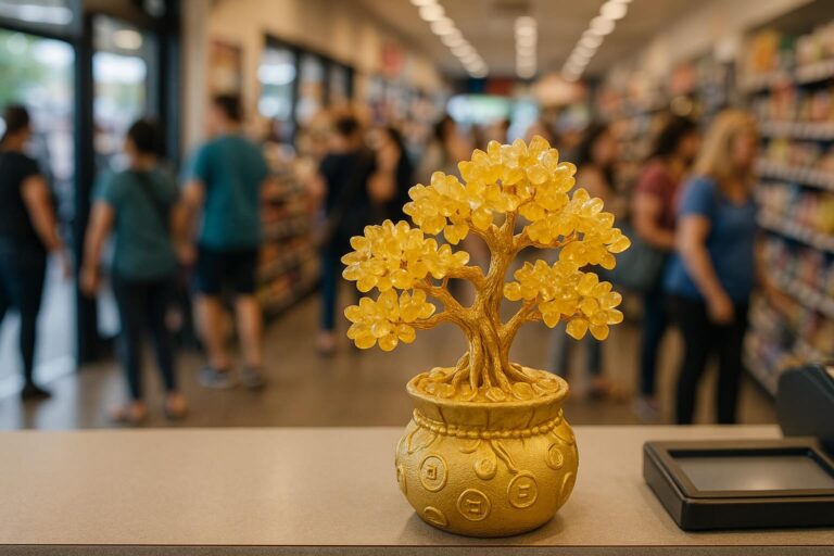 Citrine Money Tree ornament displayed on a cashier counter at the store entrance, with a busy flow of customers in the background suggesting prosperous business.