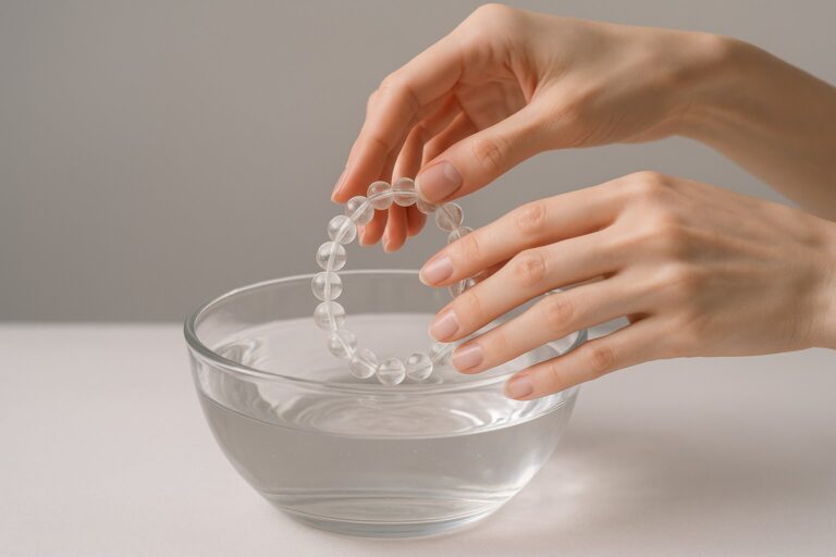 Slender hands cleaning a clear quartz bracelet in water, exploring the question: Can Clear Quartz Go in Water?