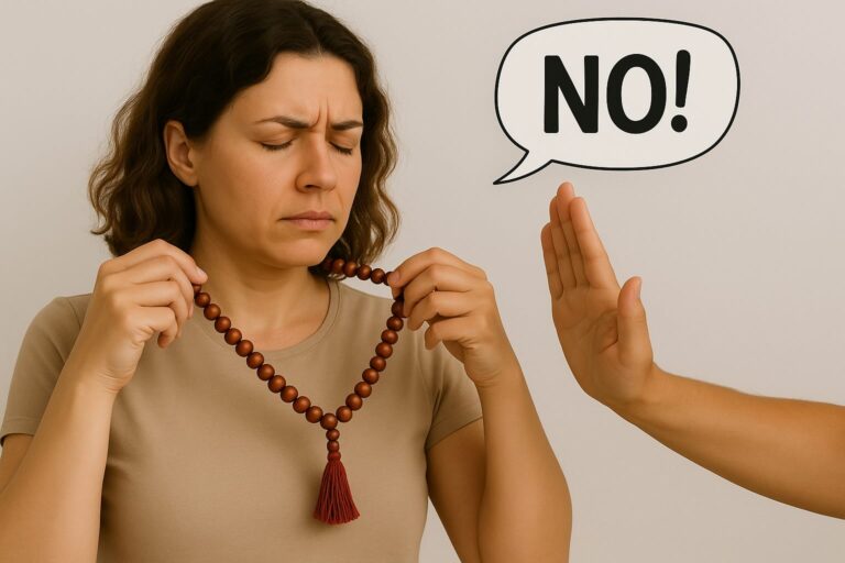 One person wearing mala beads around their neck is stopped by another who says 'No', indicating that wearing mala beads as a necklace is disrespectful to their spiritual significance.