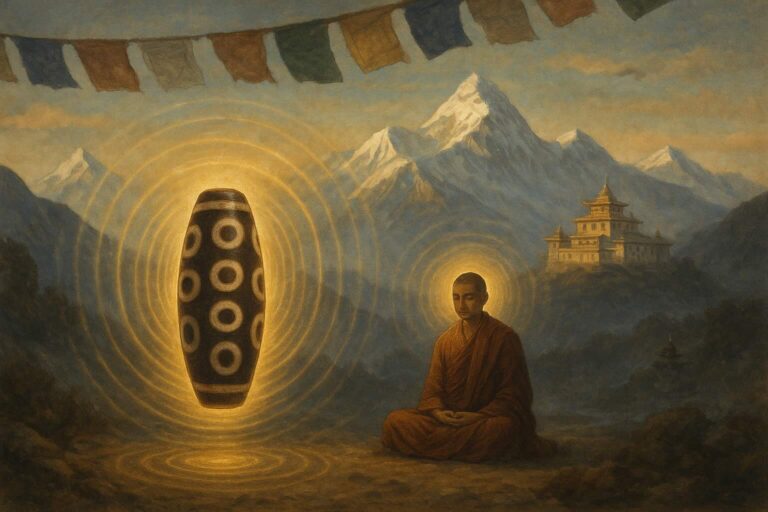 Ancient nine-eye Dzi bead glowing with spiritual energy, symbolizing Dzi beads meaning; Tibetan monk meditating under prayer flags, Himalayan mountains in background.