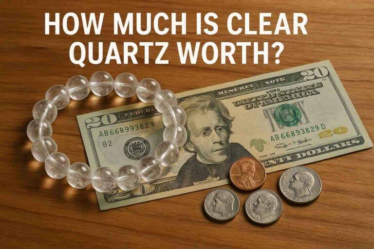 Clear quartz bracelet with money and coins, reflecting how much clear quartz is worth.