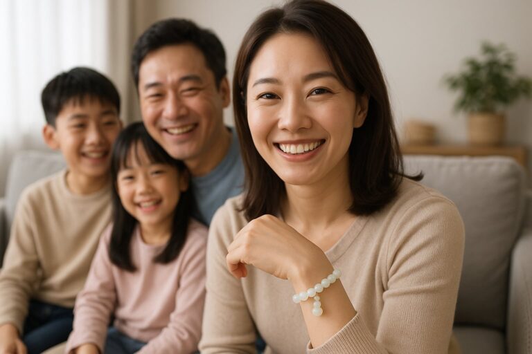 A happy woman smiles warmly while presenting her jade Wu Lou bracelet, symbolizing the positive Feng Shui energy enhancing her family’s well-being.