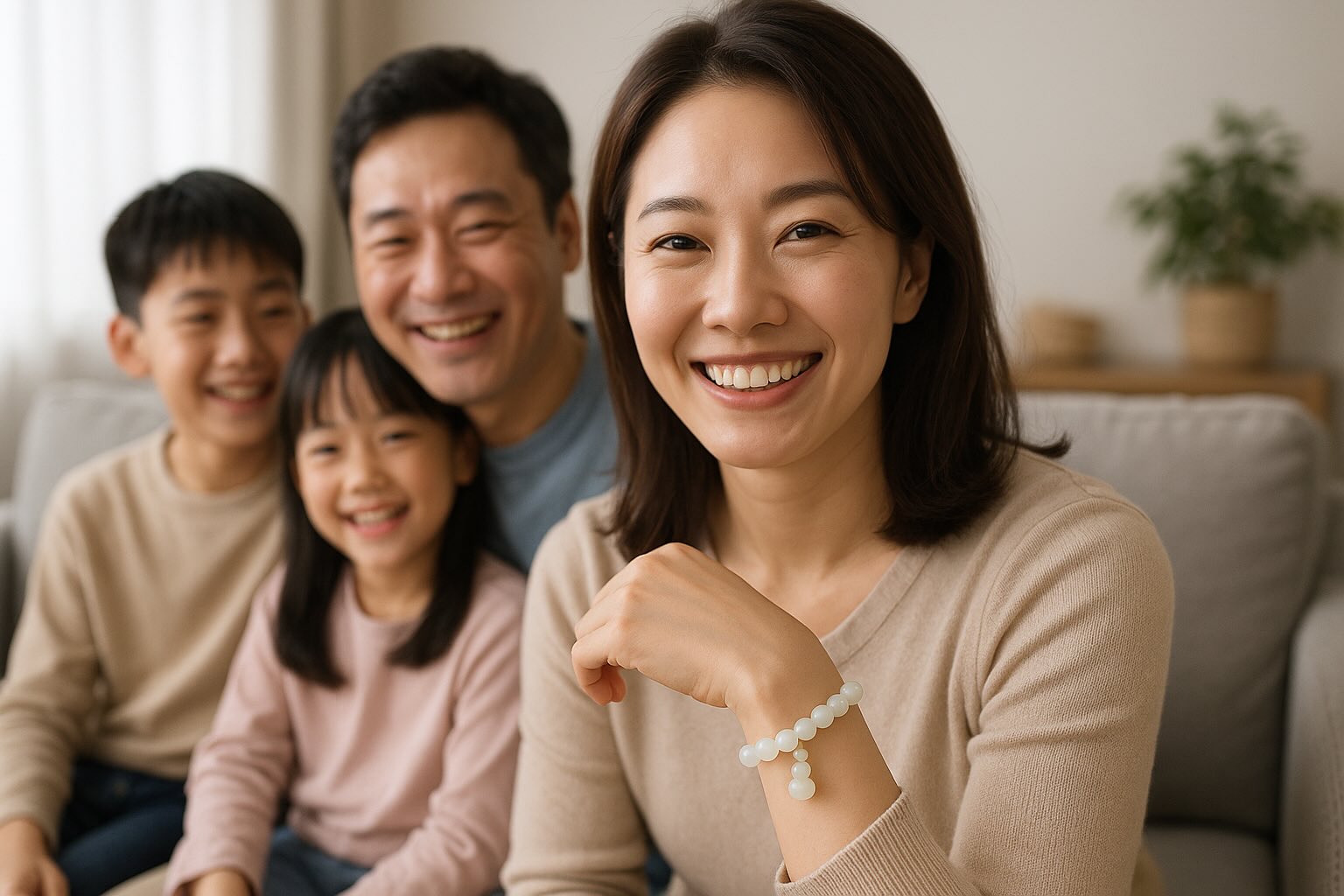 A happy woman smiles warmly while presenting her jade Wu Lou bracelet, symbolizing the positive Feng Shui energy enhancing her family’s well-being.