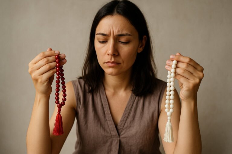 A female spiritual practitioner choosing between a red and a white mala bracelet, symbolizing the meaning of mala beads by color.