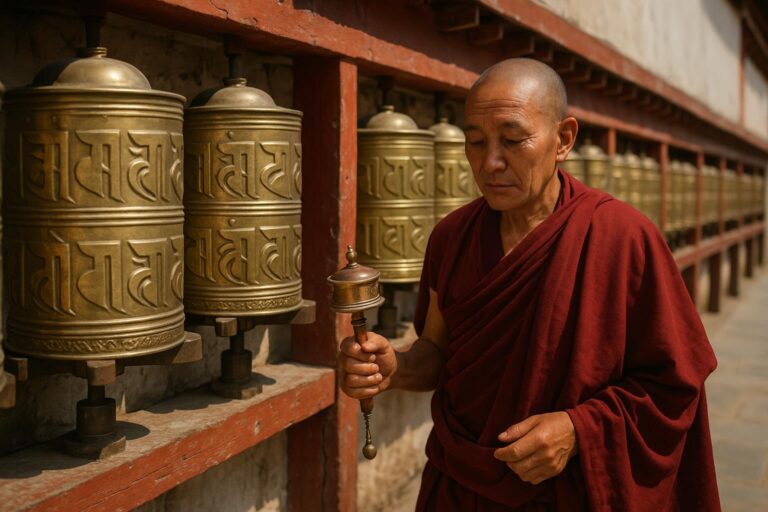 A Tibetan monk holding a small Tibetan Buddhist prayer wheel walks past a row of large Tibetan Buddhist prayer wheels installed along a monastery wall.