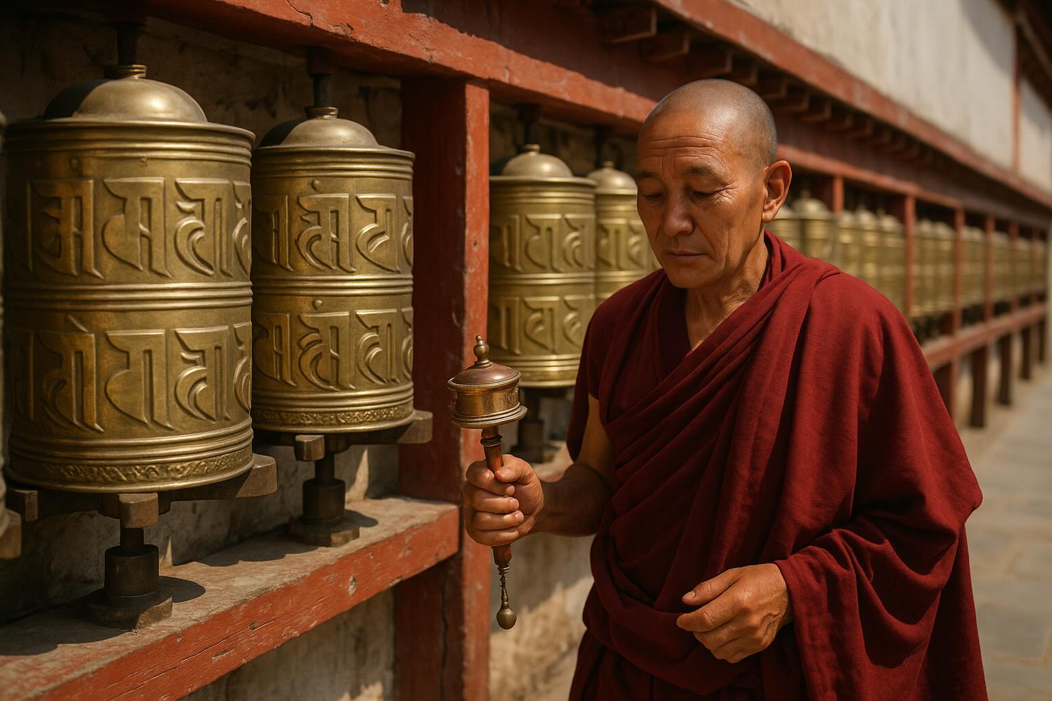 A Tibetan monk holding a small Tibetan Buddhist prayer wheel walks past a row of large Tibetan Buddhist prayer wheels installed along a monastery wall.